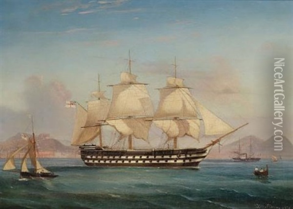A Two-decker Of The Mediterranean Fleet In Naples Bay, With A French Paddle-steamer Off Her Port Bow Oil Painting - Tommaso de Simone