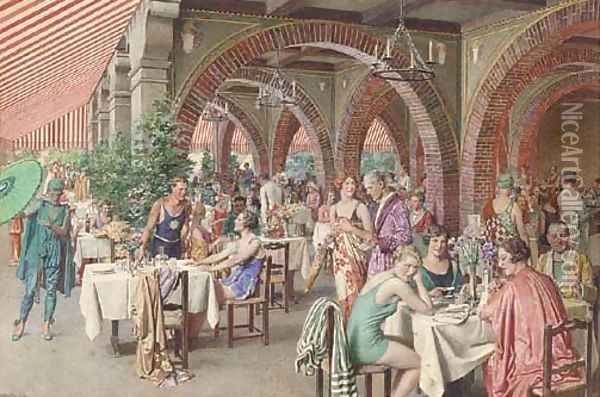 On the terrace at the Hotel Excelsior, Venice Oil Painting - Fortunino Matania