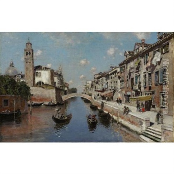 A Promenade Along A Venetian Canal Oil Painting - Martin Rico y Ortega