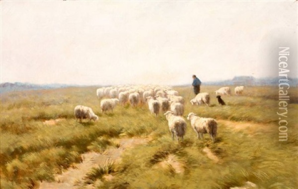 Herder Met Hond En Schaapskudde Oil Painting - Herman Bogman I