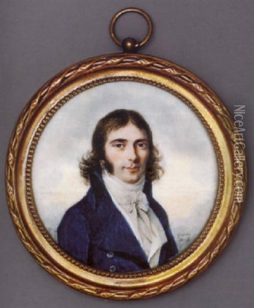 A Young Gentleman In Blue Coat With Silver Buttons, White Waistcoat And Tied Cravat, Gold Hoop Earring And Long Curling Brown Hair Oil Painting - Antoine Paul Vincent