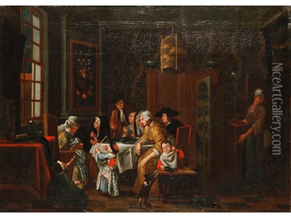 An Interior Scene Of A Family Around A Table Oil Painting - Jan Josef Horemans the Younger