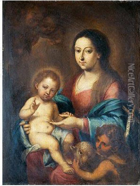 Virgen Con El Nino Y Sanjuanito Oil Painting - Bernardo German Llorente