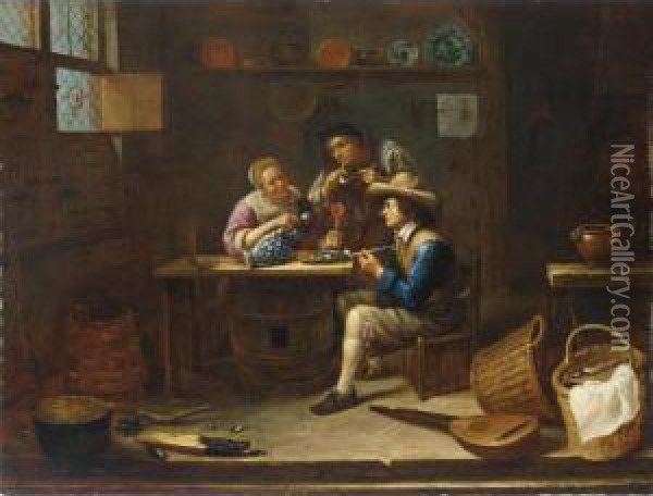 A Tavern Interior With Men And A Woman Smoking And Drinking Around A Table Oil Painting - Gillis van Tilborgh