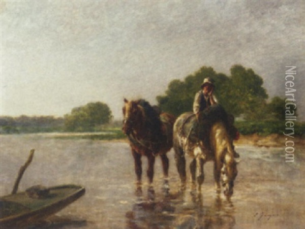 Working Horses Pausing For A Drink In A River Oil Painting - Emile Jacque