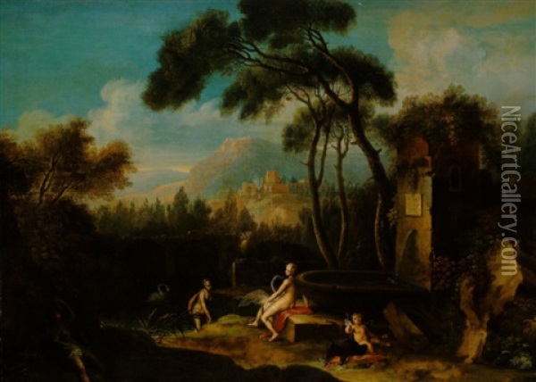 Arkadische Landschaft Mit Leda Und Dem Schwan An Einem Brunnen Oil Painting - Johannes (Jan) Glauber