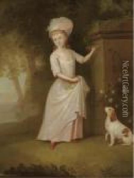 Portrait Of A Young Girl, 
Full-length, In A Pink Dress, In Agarden, A Spaniel By Her Side Oil Painting - Thomas Hickey