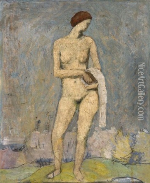 Stehender Frauenakt Mit Tuch (standing Nude With Shawl) Oil Painting - Hans Bruhlmann