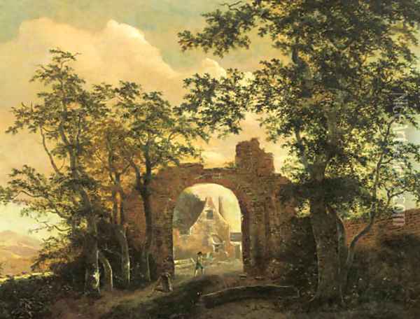 Travellers by the gate of a ruined country mansion Oil Painting - Jacob Van Ruisdael