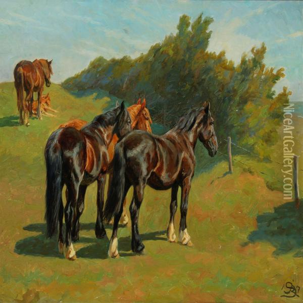 Horses In The Field Oil Painting - Johannes Resen-Steenstrup