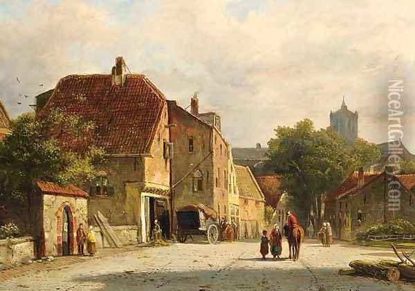 Figures in a Dutch Town Oil Painting - Adrianus Eversen
