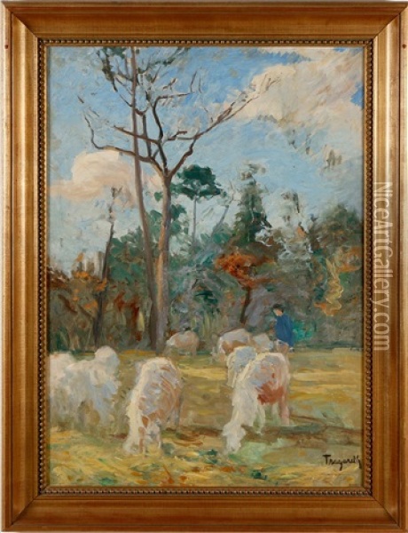 Vallpojke Och Kor I Landskap Oil Painting - Carl Ludwig Traegardh
