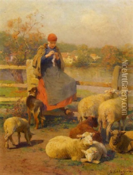 Shepherdess And Flock Resting Beside A Lake Oil Painting - Luigi Chialiva