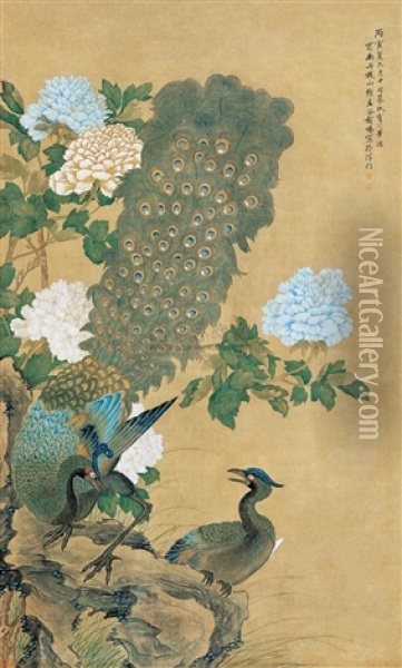 Peony And Peacocks Oil Painting -  Peng Yang