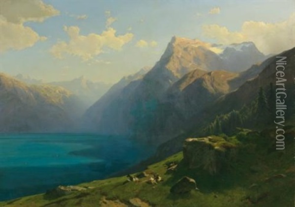 Vue Du Lac Des Quatre-cantons, Prise Du Seelisberg (view Of Lake Lucerne From Seelisberg) Oil Painting - Alexandre Calame