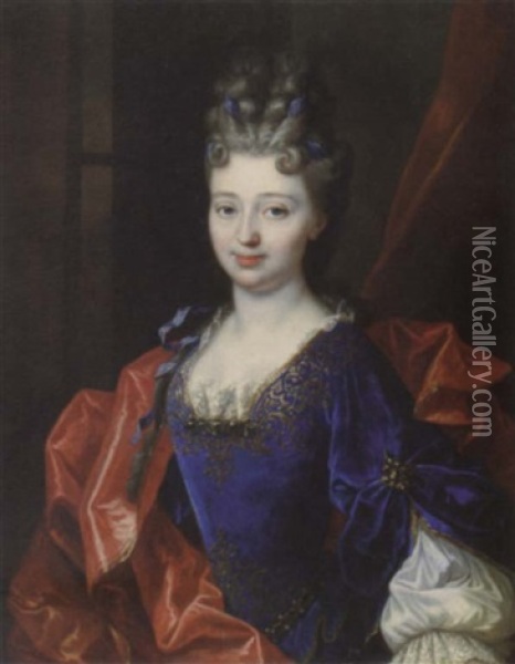 Portrait Of A Lady In A Gold-embroidered Blue Dress And A Red Mantle Oil Painting - Nicolas de Largilliere