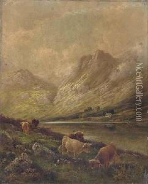 Highland Cattle, Perthshire; And Highland Cattle By Loch Eck Oil Painting - Albert Dunnington