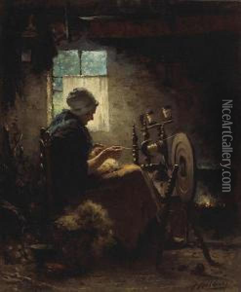 A Woman At A Spinning Wheel Oil Painting - Johannes Weiland