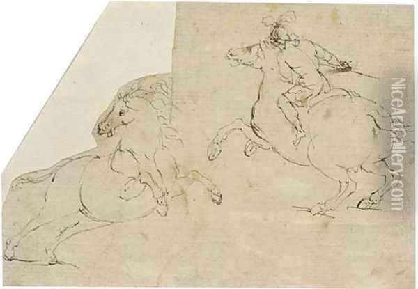 A horseman in profile to the left and a rearing horse in profile to the right Oil Painting - Francesco Allegrini
