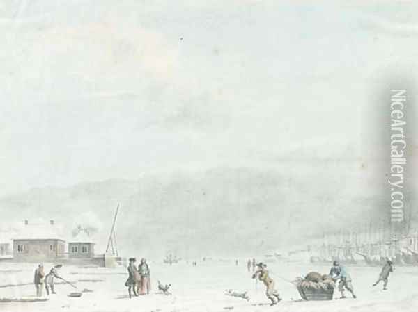 An extensive landscape with figures fishing and skating on the ice by a frozen port Oil Painting - Hendrik Pothoven