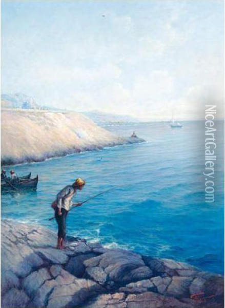 The Young Angler Oil Painting - Ioannis Poulakas