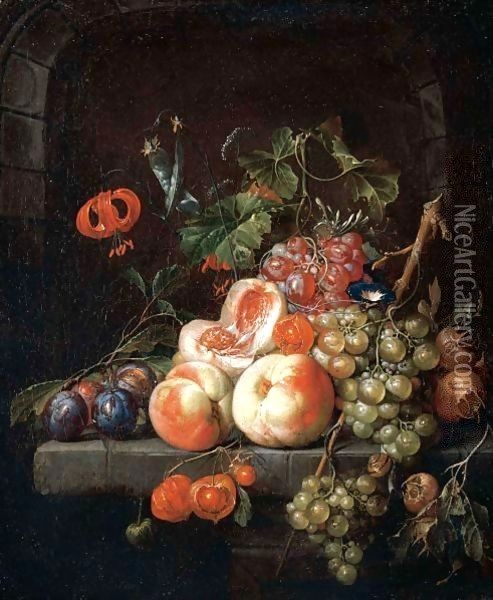 A Still Life Of Peaches, Plums, Grapes And Other Fruits On A Stone Ledge. Oil Painting - Cornelis De Heem