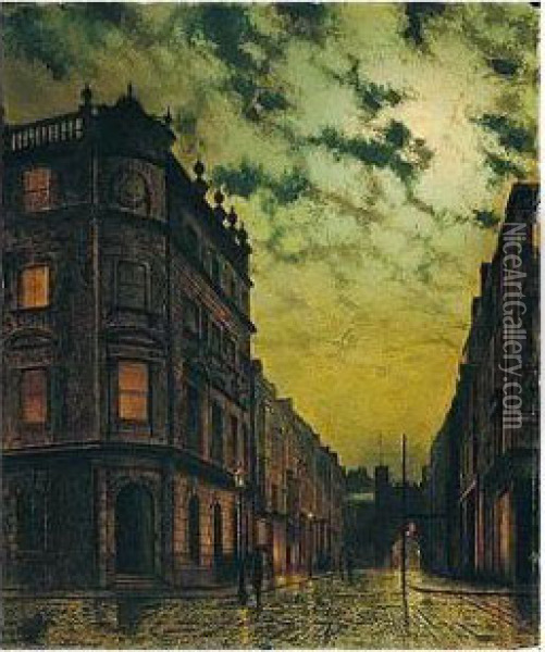 Street Scene In Scarborough - Newbrough On A Wet Night Oil Painting - John Atkinson Grimshaw