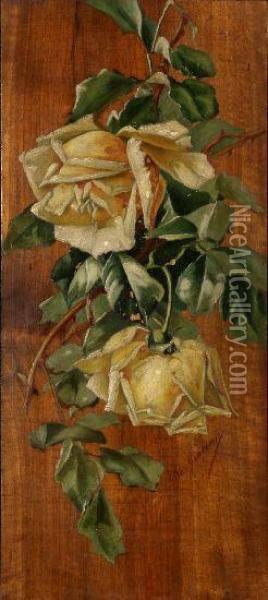 Tralcio Di Rose Gialle. Oil Painting - Eugenio De Giacomi