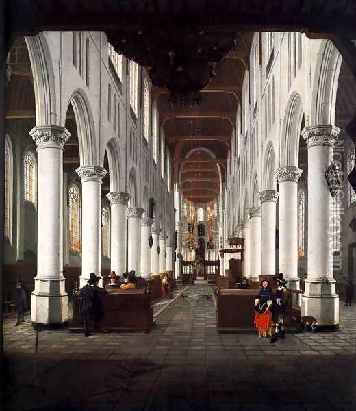 Interior of the Nieuwe Kerk, Delft, from beneath the Organ Loft at the Western E Oil Painting - Hendrick Van Vliet