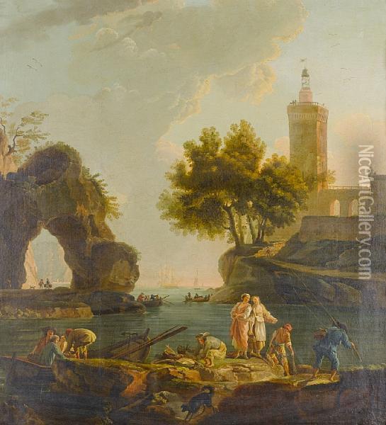 Fishermen Unloading Their Catch In A Mediterranean Harbour, A Grotto Beyond Oil Painting - Claude-joseph Vernet