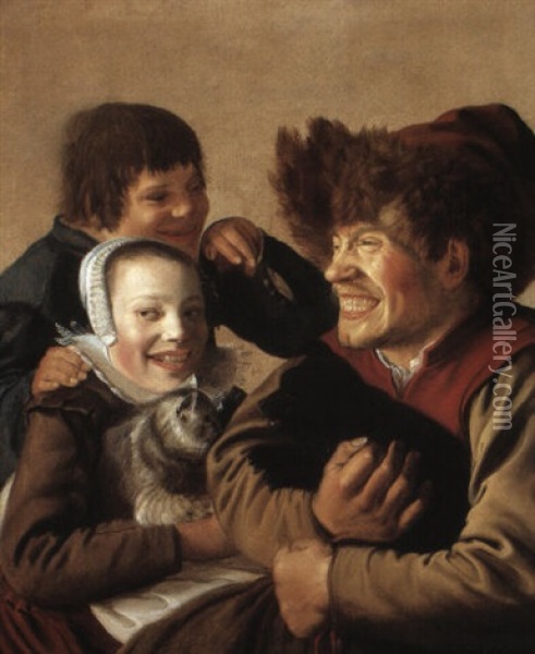 Grinning Boy In A Fur Hat Holding A Dog, A Girl With A Cat, And Boy Gesturing Oil Painting - Jan Miense Molenaer