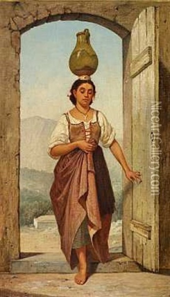 Italienerinde Med Krukke Pa Hovedet Oil Painting - Auguste Johan Frederik Carl Lorange