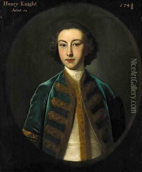 Portrait of Henry Knight aged 14, half-length, in a gold embroidered blue coat and white waistcoat, feigned oval Oil Painting - Joseph Highmore