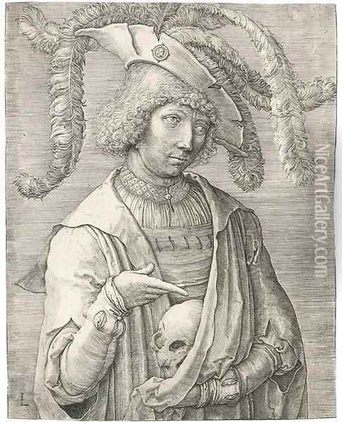 Young Man with a Skull (Holl. 174 I) Oil Painting - Lucas Van Leyden