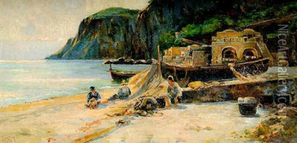 Costa De Amalfi, Cosiendo Redes Oil Painting - Antonio Maria de Reyna Manescau