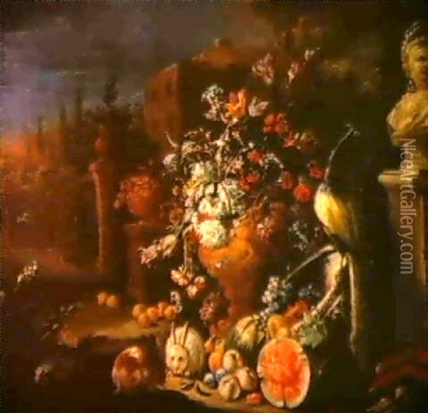 Bouquet De Fleurs, Fruits, Animaux Dans Un Paysage Oil Painting - Gasparo Lopez