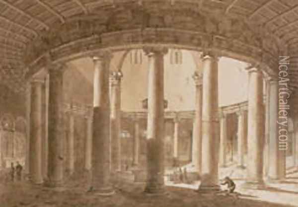 Interior of the Temple of Claudius in Rome, c.1800 Oil Painting - Agostino Tofanelli