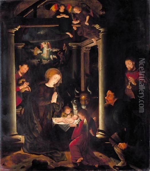 The Adoration Of The Shepherds, With The Annunciation To The Shepherds Beyond Oil Painting - Bruges