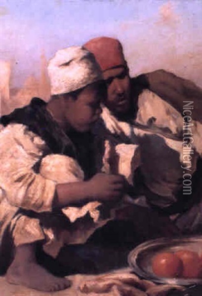 Arabs Seated In A Market, Cairo Oil Painting - Carl Leopold Mueller