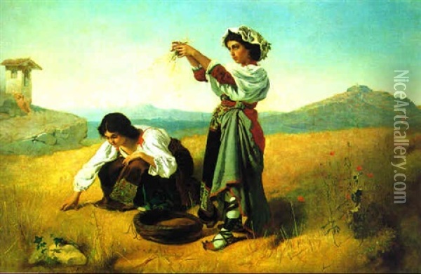 Junge Frauen Bei Der Ahrenernte Oil Painting - Anton Romako