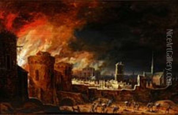 A Town In Flames Oil Painting - Egbert Lievensz van der Poel