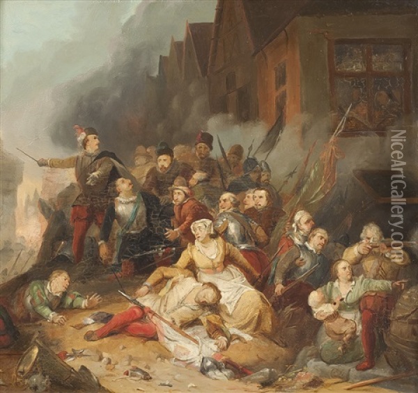 Schlachtszenerie In Einer Belagerten Stadt Oil Painting - Karl Friedrich Lessing