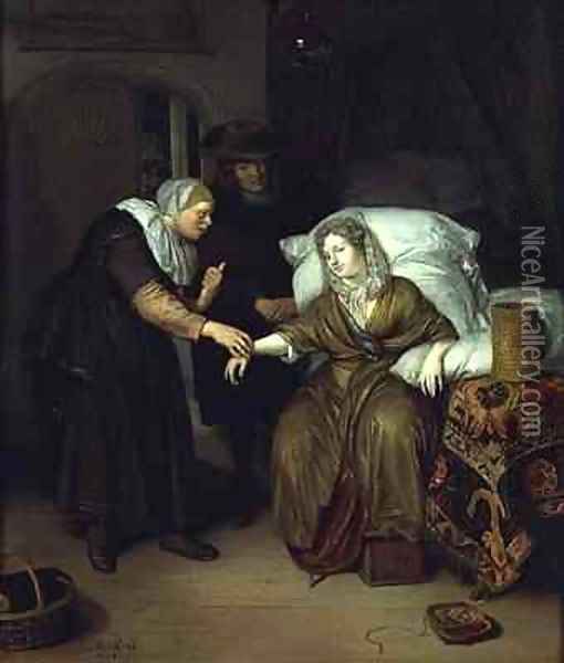 A Maid taking a lady's pulse Oil Painting - Richard Brackenburgh