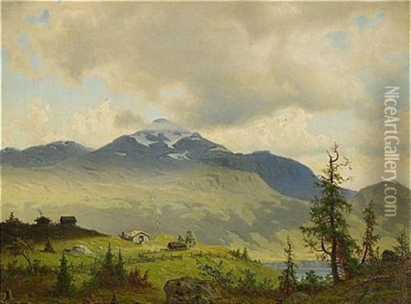Fjallandskap Med Stugor Oil Painting - Per Daniel Holm