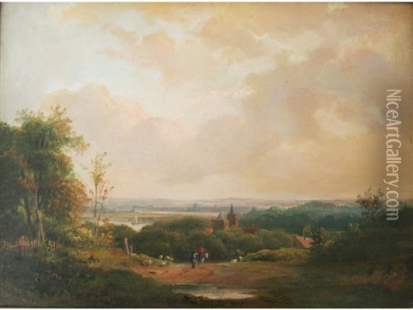 Figures In An Open Country Landscape With A Village Oil Painting - Wijnand Jan Joseph Nuyen