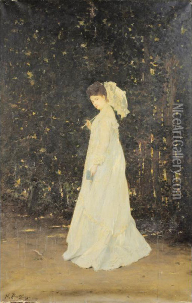 La Promeneuse [the Walk ; Oil On Canvas Signed Lower Left ; Old Label With Date 1875 On The Reverse] Oil Painting - Nicolas Berthon