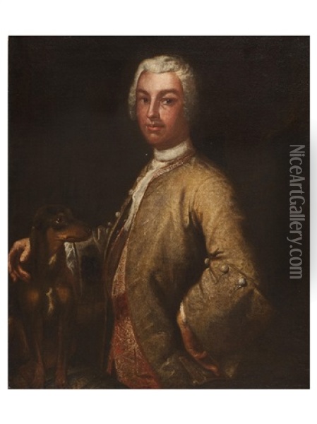 Half Length Portrait Of A Gentleman In A Gold Jacket With Dog Oil Painting - Vittore Giuseppe Ghislandi (Fra' Galgario)