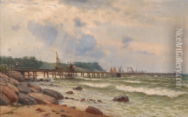 Meeresbucht Mit Schiffssteg Und Hafenarbeitern Oil Painting - Franz Karl Herpel