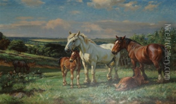 Horses And Foals Oil Painting - Wright Barker
