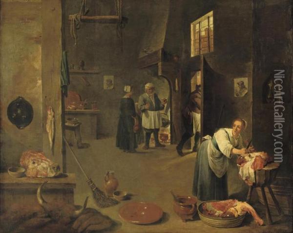 A Peasant Woman Cutting Meat In A Kitchen, Figures Conversing Neara Fireplace Beyond Oil Painting - David The Younger Teniers